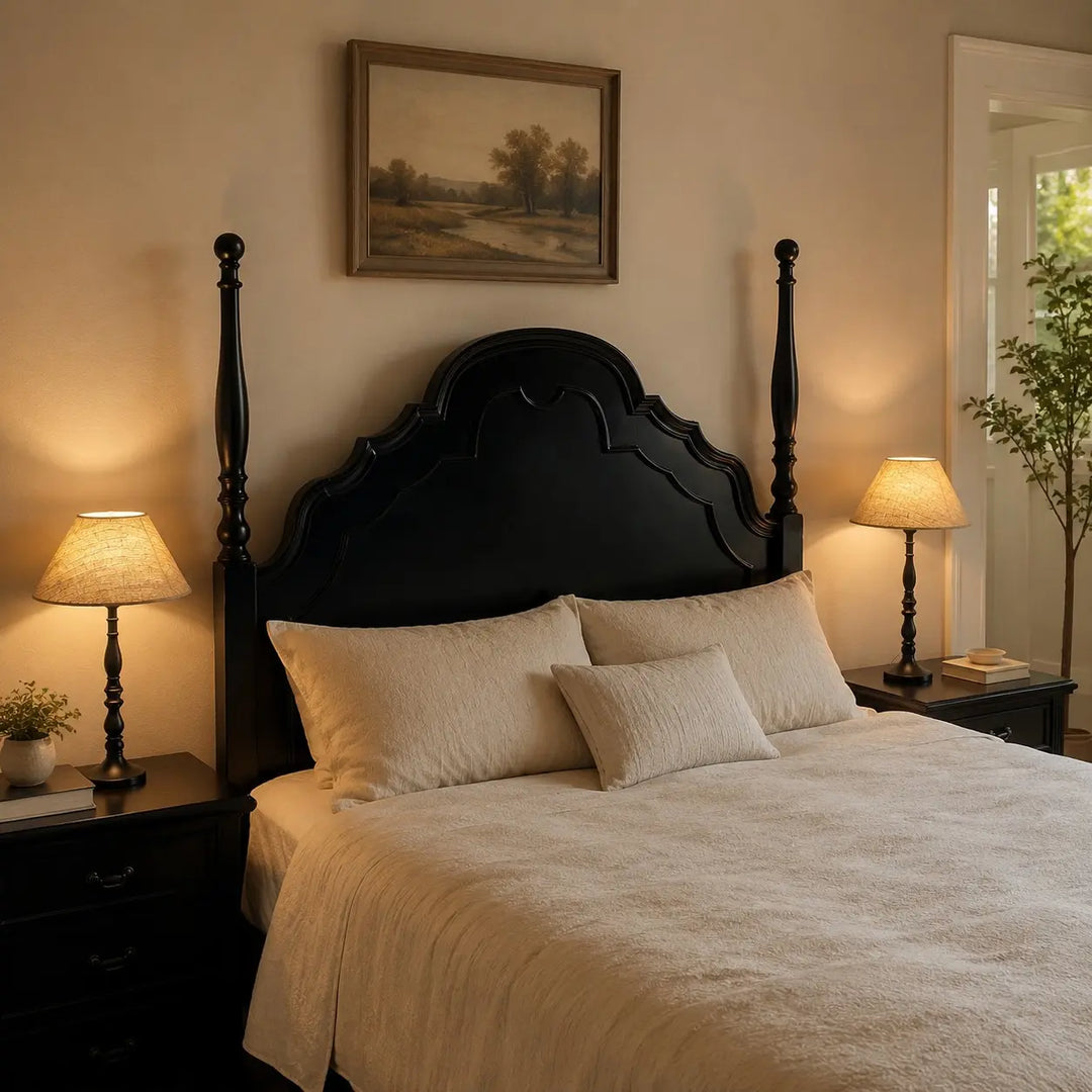 Beige and black table lamp in a calm bedroom setting