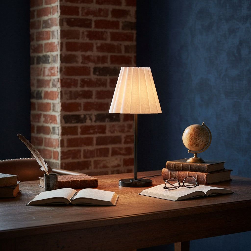 Lámpara de mesa delgada de transición Ruffmeto: iluminación con pantalla escultural para sala de estar o dormitorio