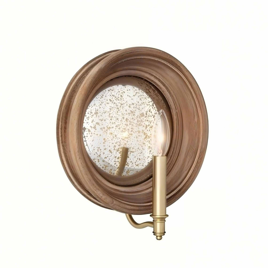 Natural wood round mirror wall sconce with brass candle arm