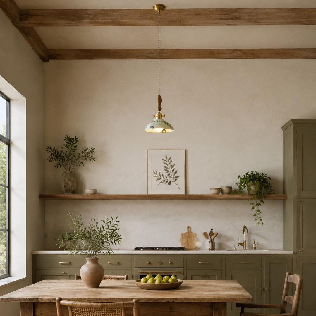 Botanical Glazed Ceramic Pendant Light with Brass-Tone Hardware - in a bright kitchen
