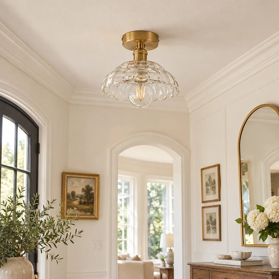 Vintage Brass Puff-Skirt Glass Ceiling Light