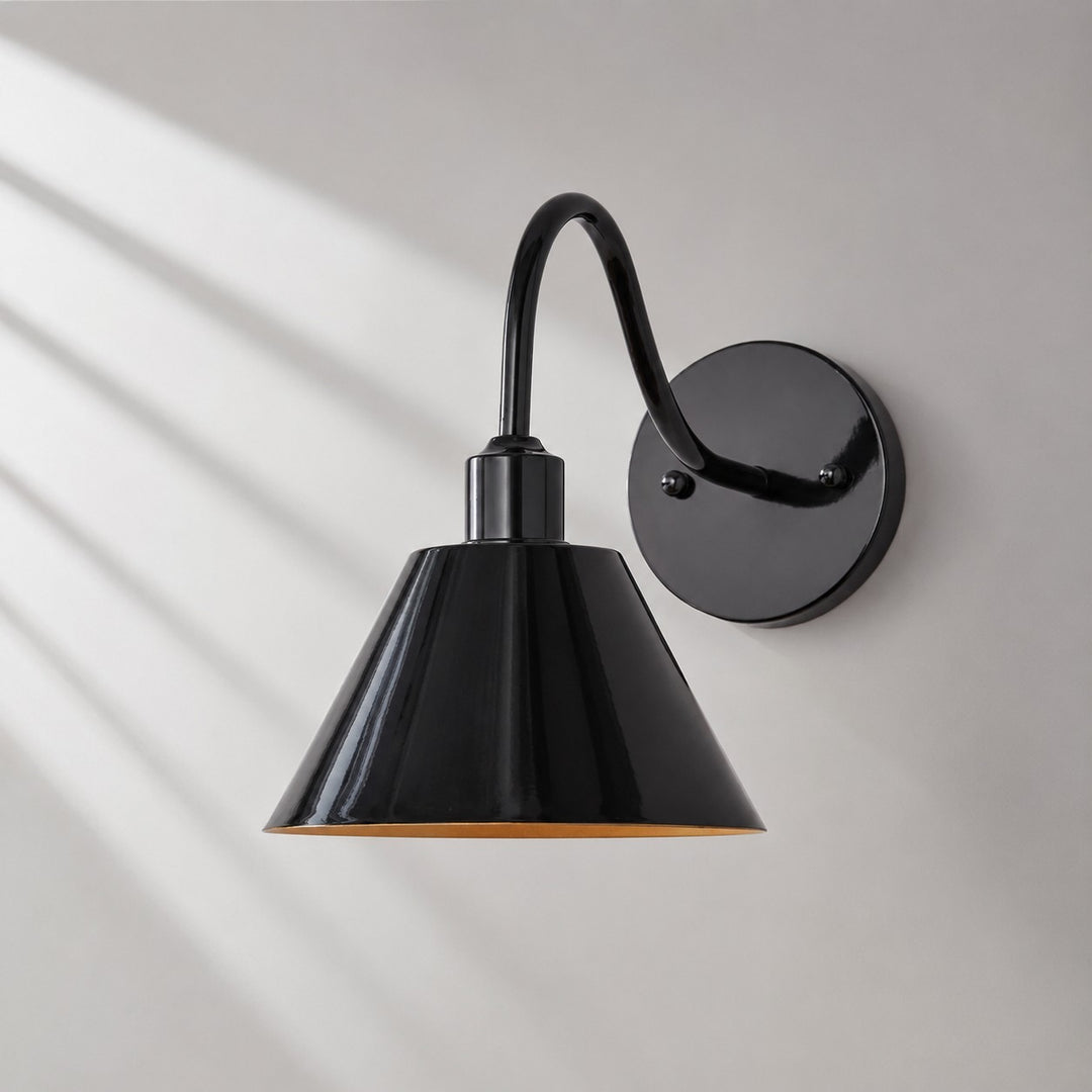 Industrial Modern Tapered Brass Gooseneck Sconce with Metal Silhouette