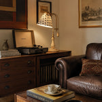 Bild in Gallery-Viewer laden, Beige Fabric vintage wood and brass-tone table lamp