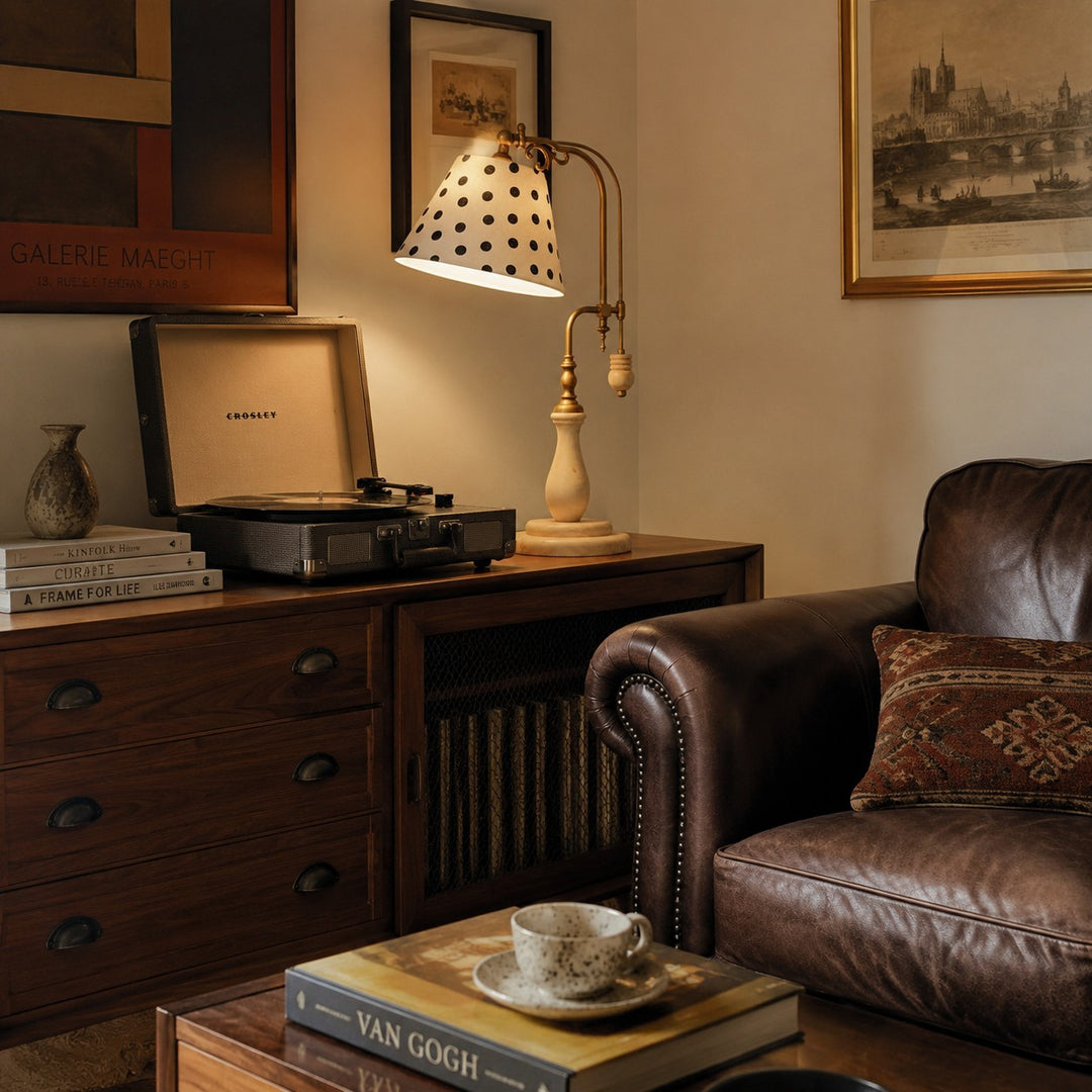 Beige Fabric vintage wood and brass-tone table lamp