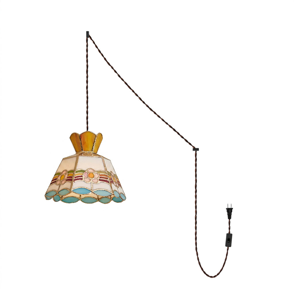 Floral Stained Glass Brass Plug-In Swag Pendant