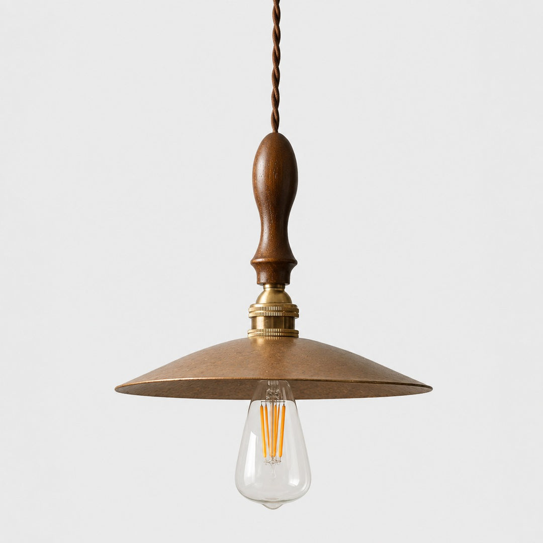 Hammered brass pendant with walnut wood on white background