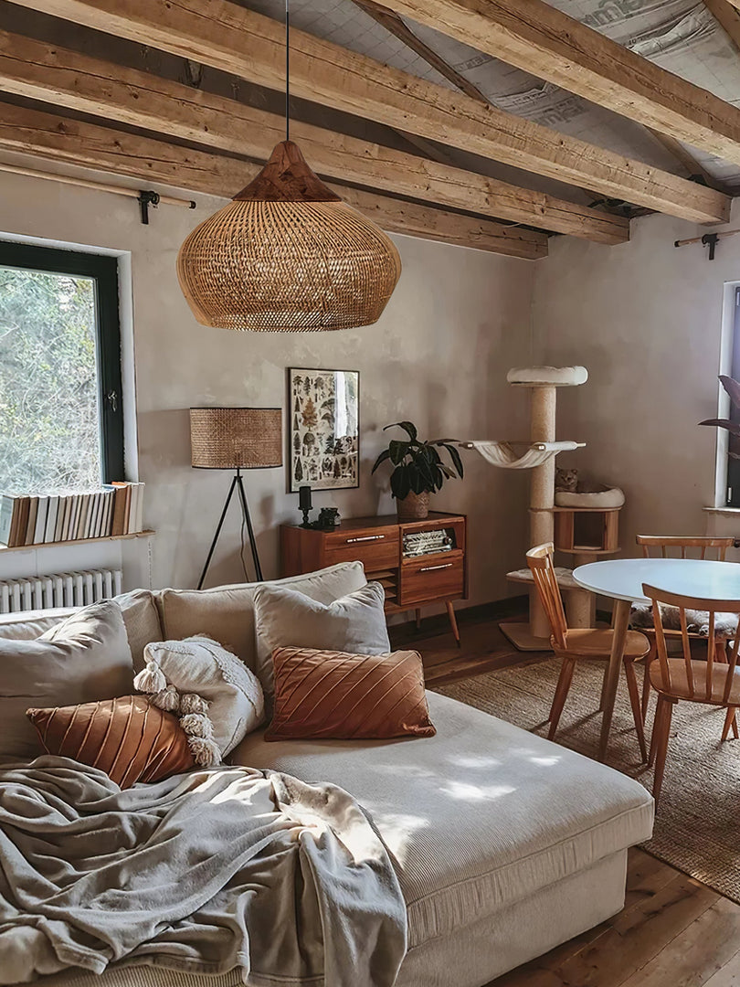 Woven Rattan Wood Plug-In Pendant Light