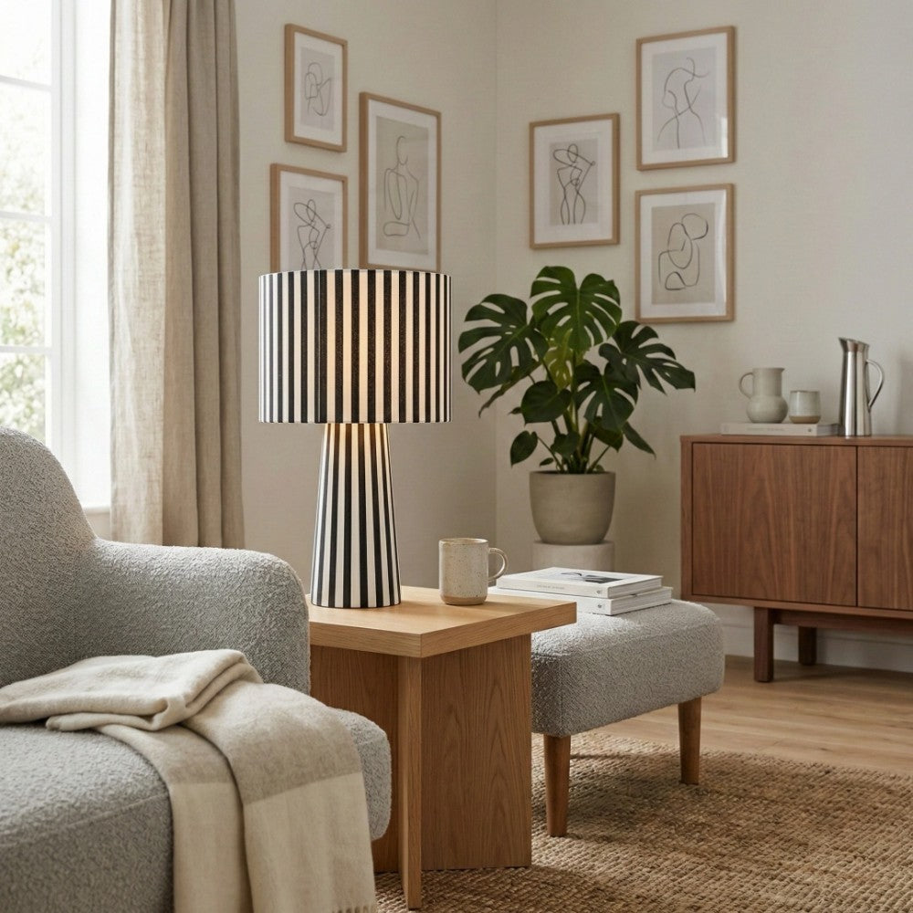 Lampe de table Blendra à motif graphique en forme cylindrique – Éclairage d’intérieur contemporain en tissu