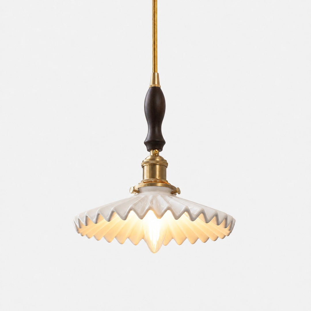 White ceramic pendant light with walnut wood accent