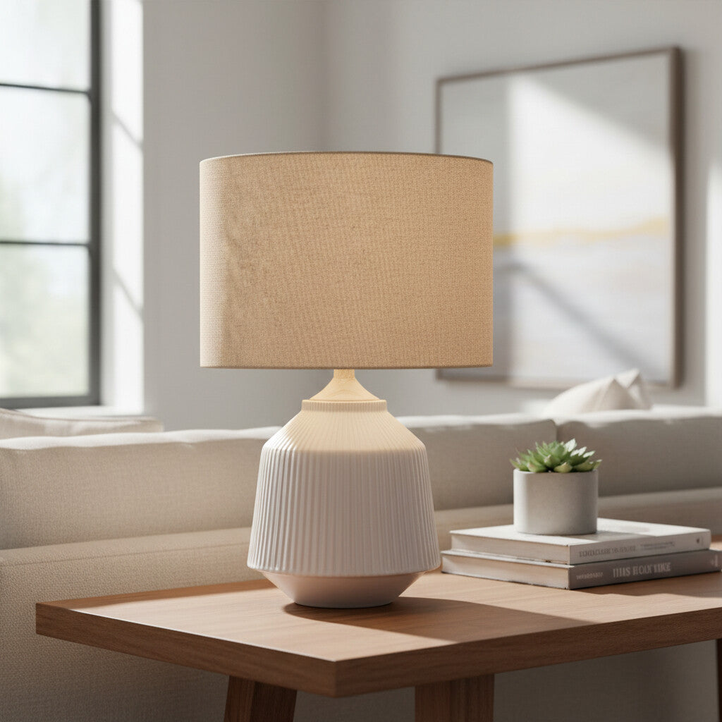 Ceruna Mehrgrößen Keramik-Tischlampe mit Wellenmuster – Gemischte Materialien mit Leinen-Schirm für Wohnzimmer