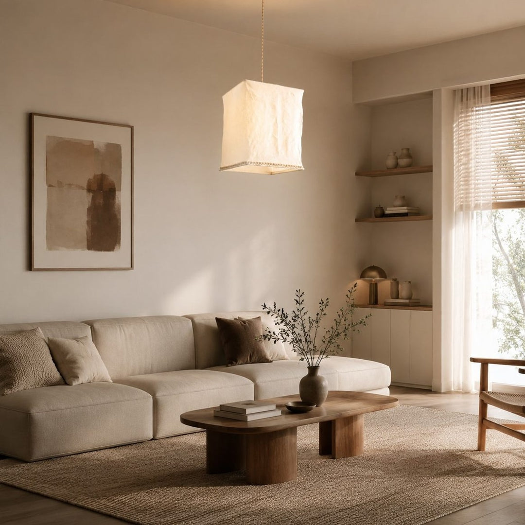 Sculptural linen pendant light above a neutral sitting area