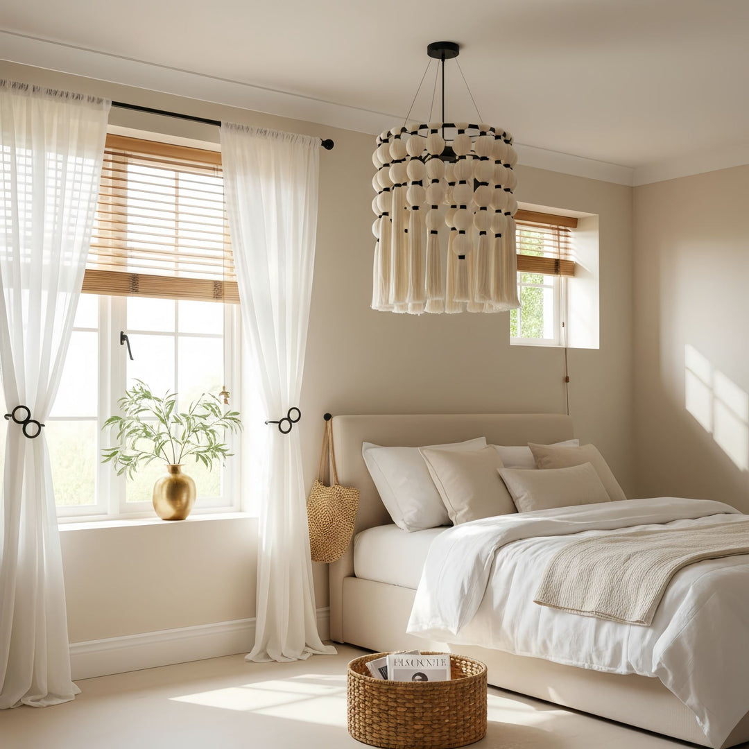 Lustre Moderne Élégant Modulune Fait Main avec Franges en Coton Blanc pour Salon