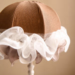 Load image into Gallery viewer, Brown ribbed cloth shade and sheer ruffle detail on French vintage table lamp