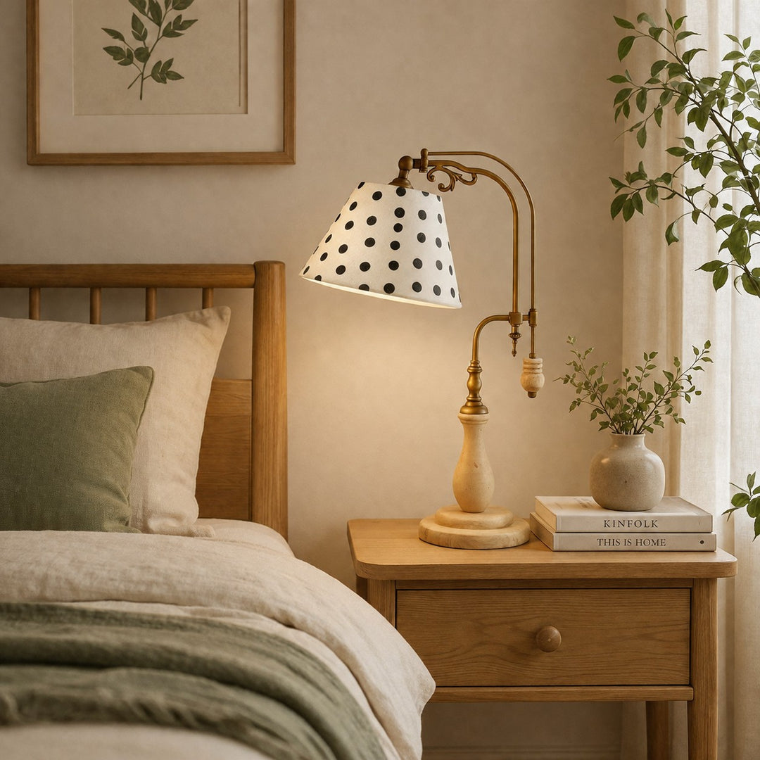 Beige Fabric vintage wood and brass-tone table lamp