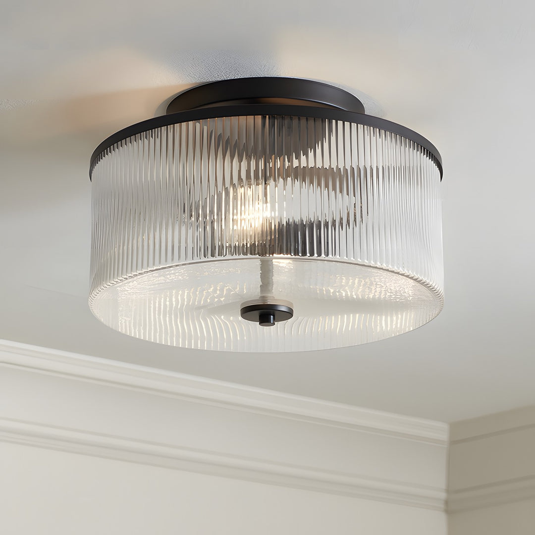 Plafonnier tambour en verre rayé - Luminaire de style campagnard