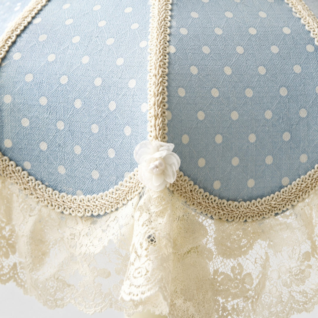 Blue lace shade fabric and trim detail
