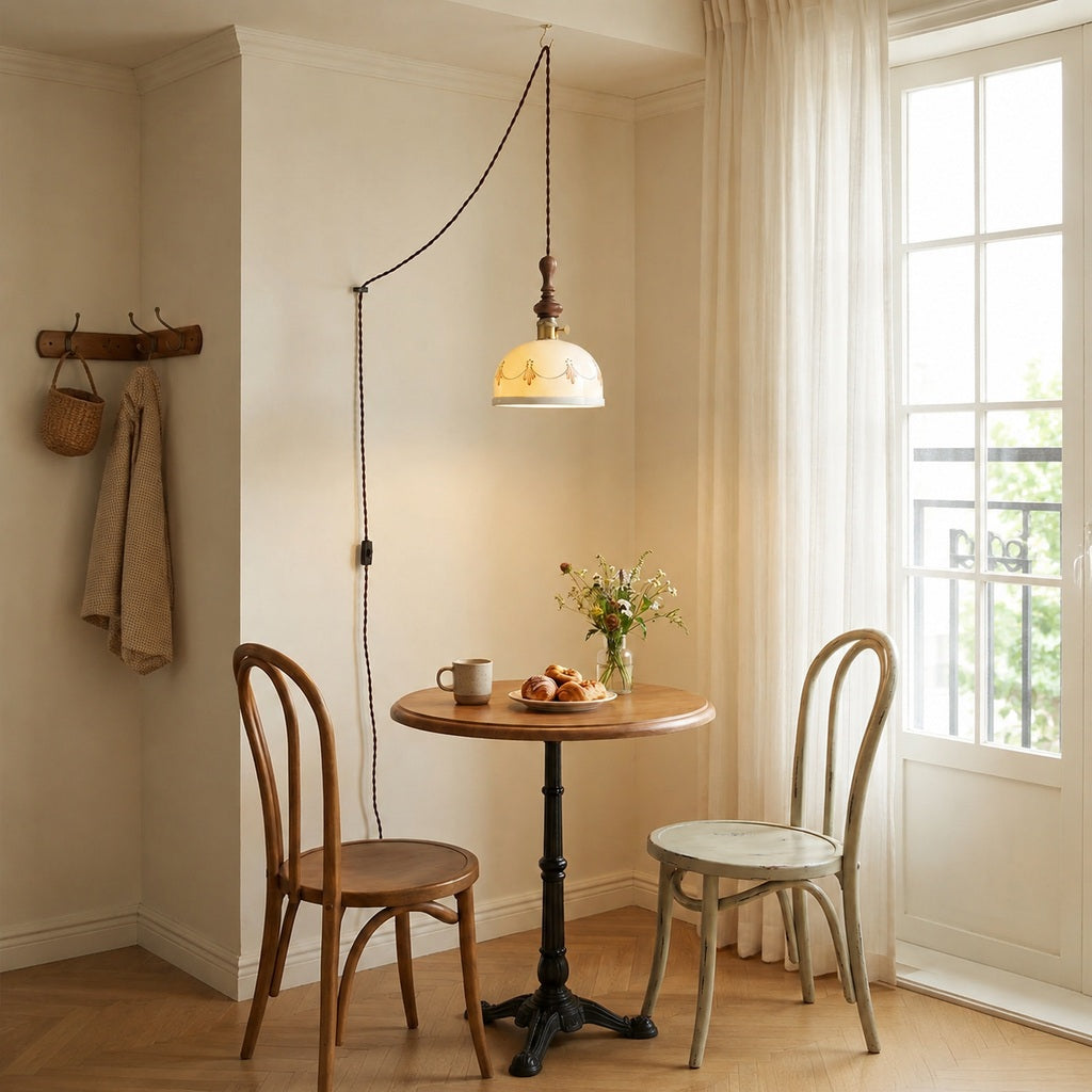 Wood Finial Ceramic Plug-In Swag Pendant
