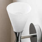 Cargar imagen en el visor de la Galería, White glass shade and socket detail on chrome wall sconce