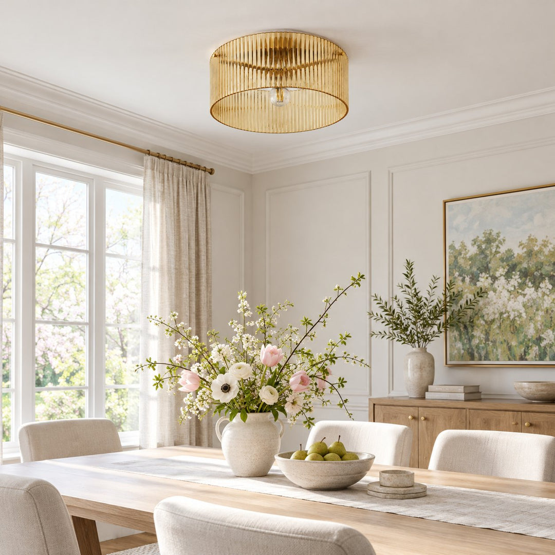 Amber ribbed glass ceiling light in a spring dining room