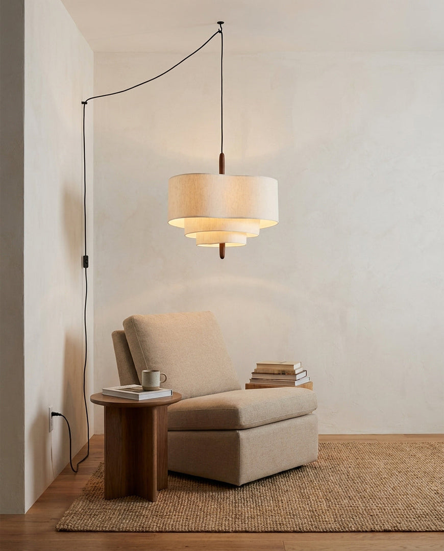Tiered Fabric Wood Plug-In Swag Pendant