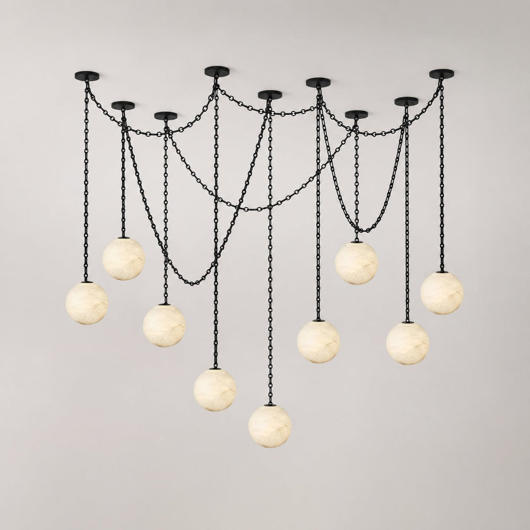 Black Metal Alabaster Globe Hardwired Chandelier