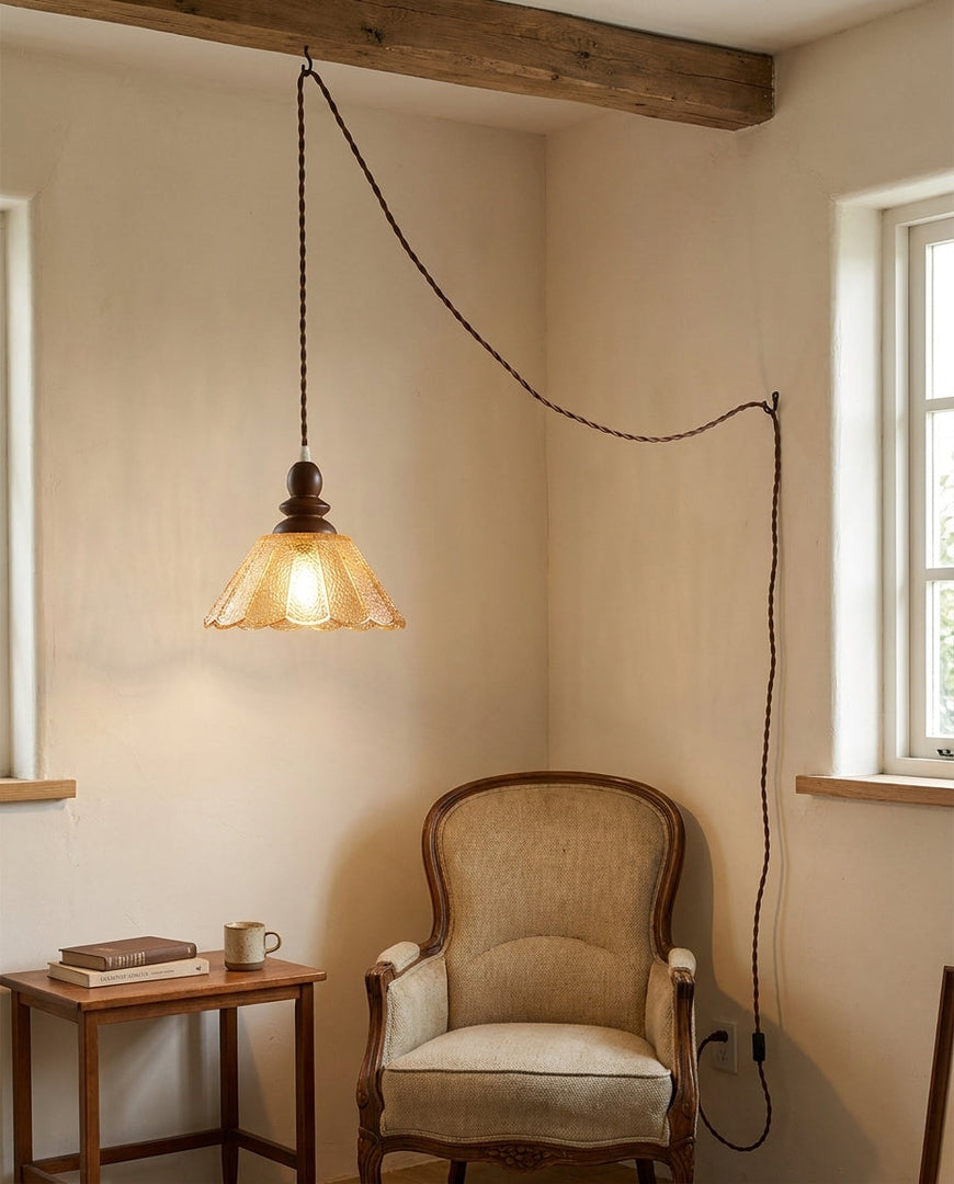 Natural Wood And Glass Plug-In Pendant