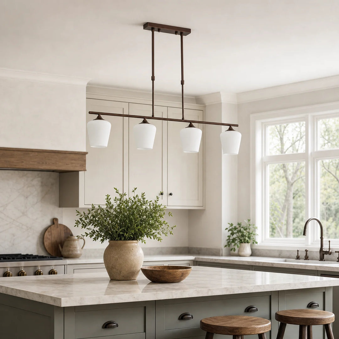 Strellux four-head Coffee Brown chandelier over a kitchen island