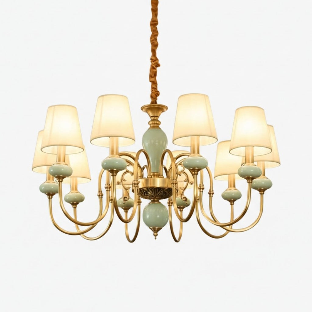 Lustre Branche Série Altoris avec Abat-jours en Tissu – Lustre en Laiton et Céramique pour Salon