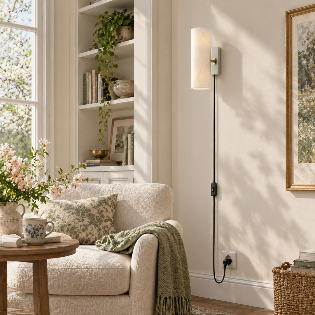 Wolvina Plug-In Natural Marble Tube Wall Sconce