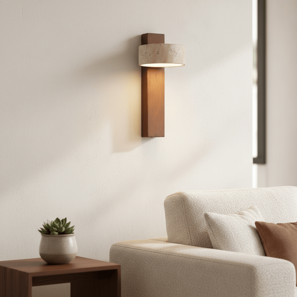 Lámpara de Pared Contemporánea Waloria – Aplique de Madera Minimalista con Pantalla de Piedra Natural para Sala de Estar N56