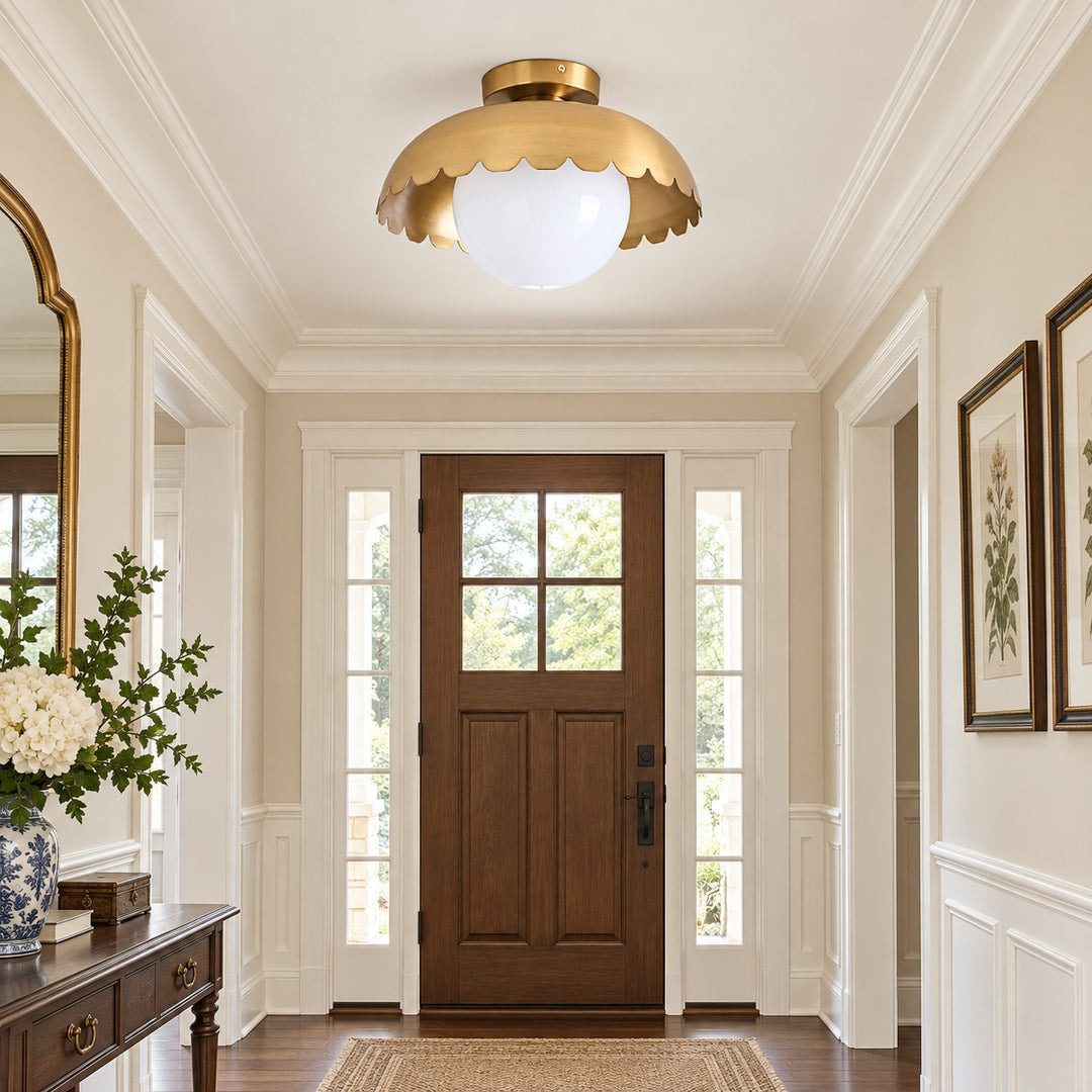 Scalloped Metal Brass Trim Globe Shade Flush Mount
