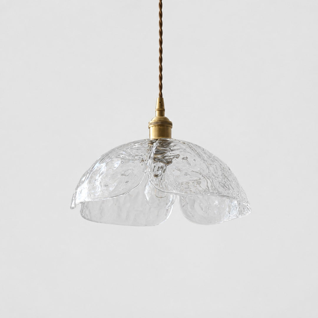 Single clear pressed-glass flower pendant with brass socket