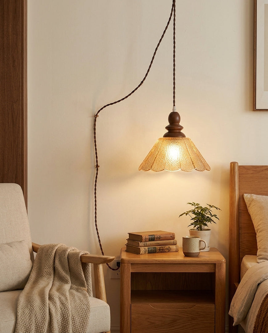 Natural Wood And Glass Plug-In Pendant