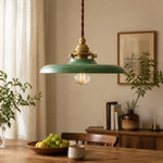 Load image into Gallery viewer, Distressed green pendant light above a dining table