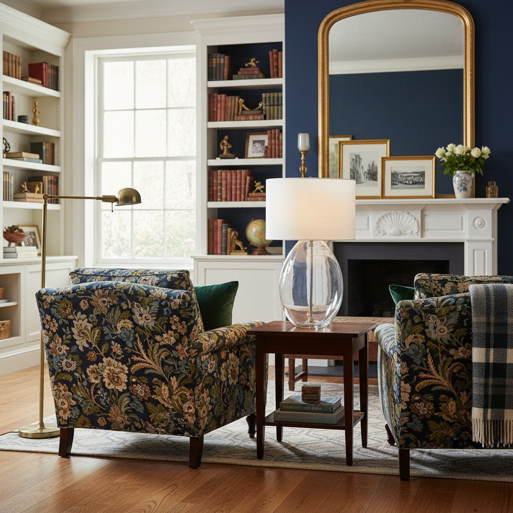 Sustaina Gebogene Tischlampe aus recyceltem Glas mit Stoffschirm – Nachhaltige moderne Akzentbeleuchtung für Wohnzimmer