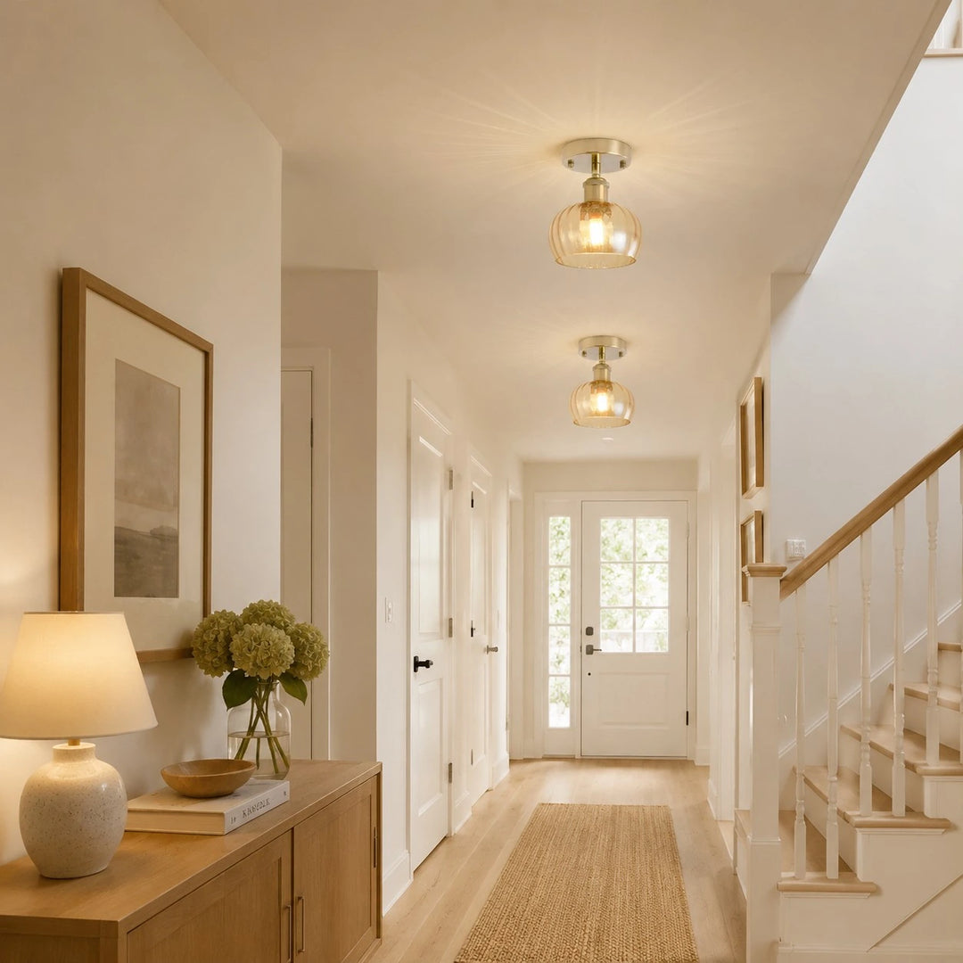 Glass ceiling lights in a bright corridor