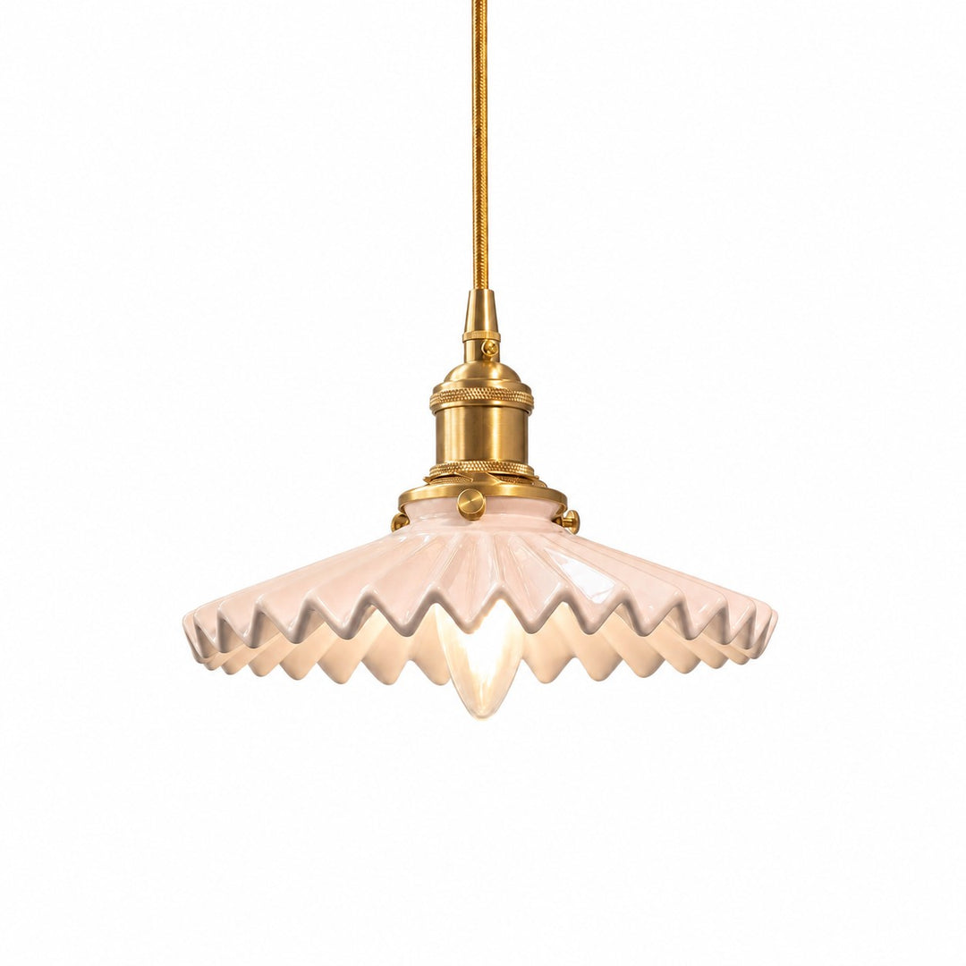 Pink pleated ceramic pendant light with brass-finish base