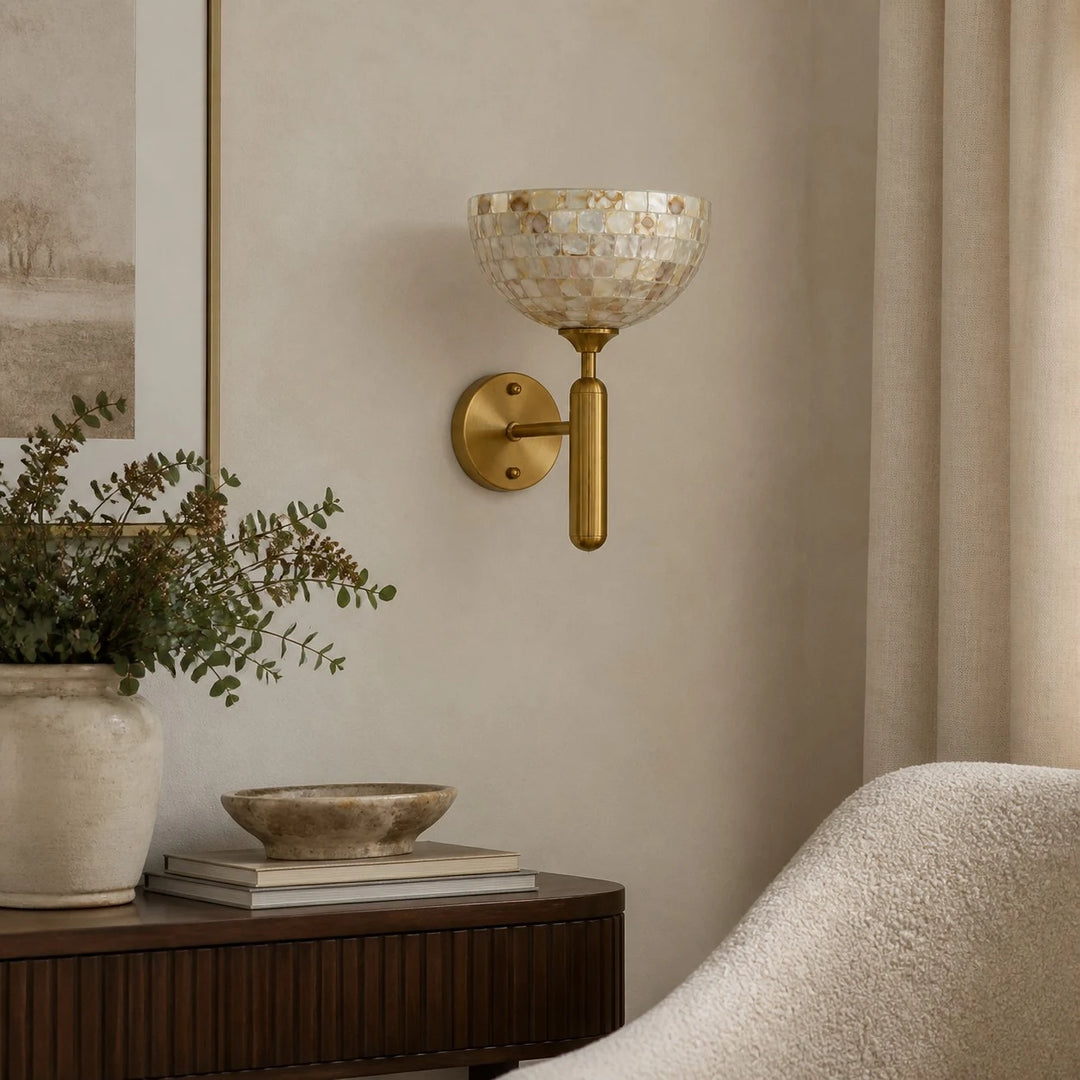 White shell mosaic brass wall sconce