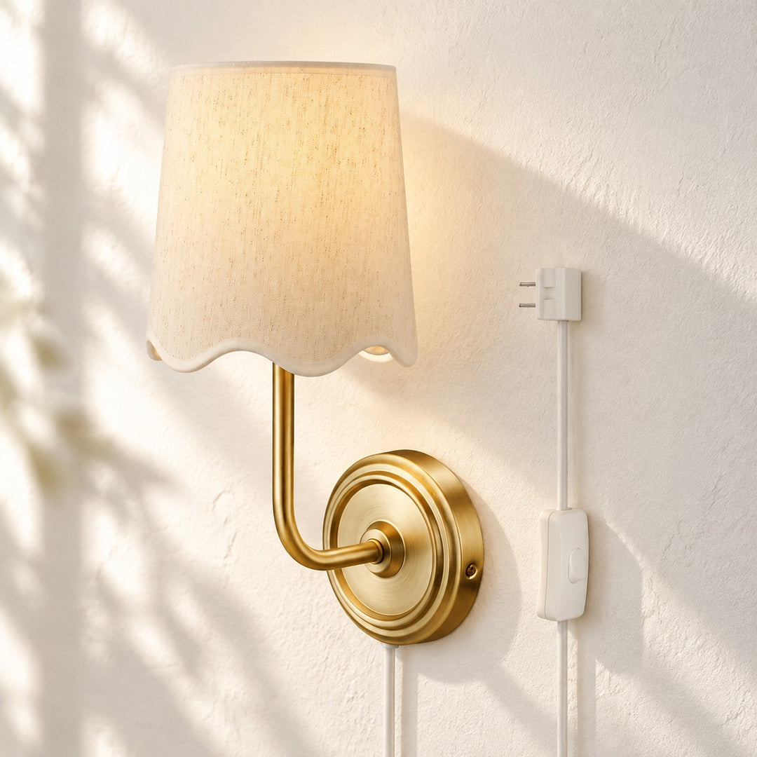 Brass Plug-In Wall Sconce with White Fabric Shade
