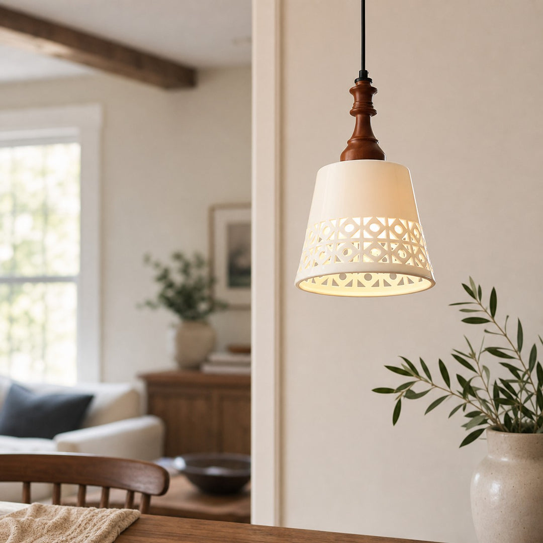 cream ceramic cutout pendant light in a cozy room