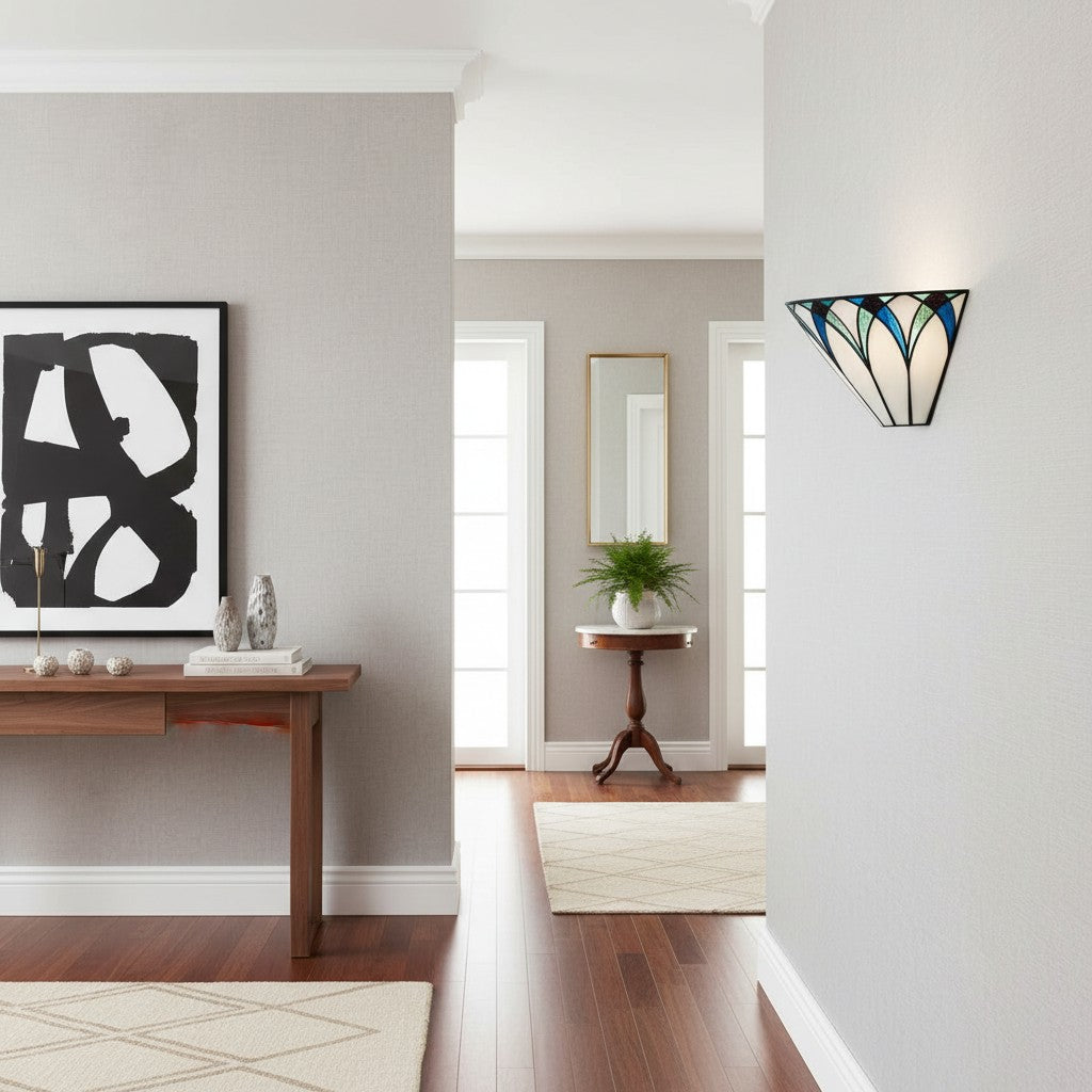 TF antik inspirierte Wandlampe aus getöntem Gras mit geometrischem Schirm – Art Deco Stil Wandleuchte für Wohnzimmer und Flure