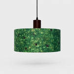 Bild in Gallery-Viewer laden, Green gilded patterned fabric drum pendant light, 35 cm shade