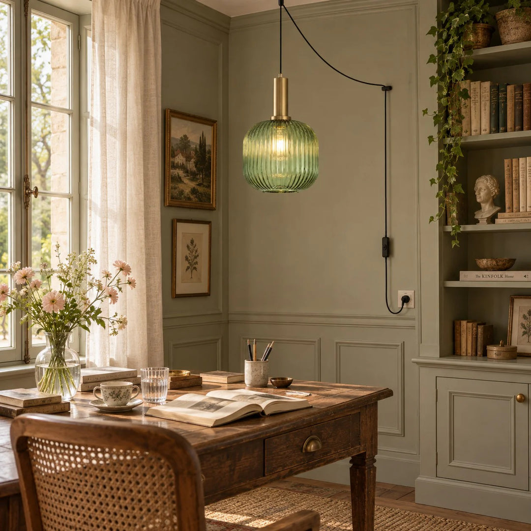 Retro ribbed glass plug-in pendant light in a home interior