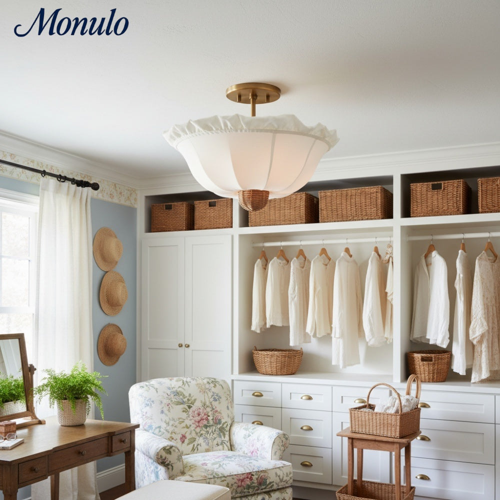 Wickara Natural Wicker Parasol Contemporary Flush-Mount Ceiling Light for Small Rooms