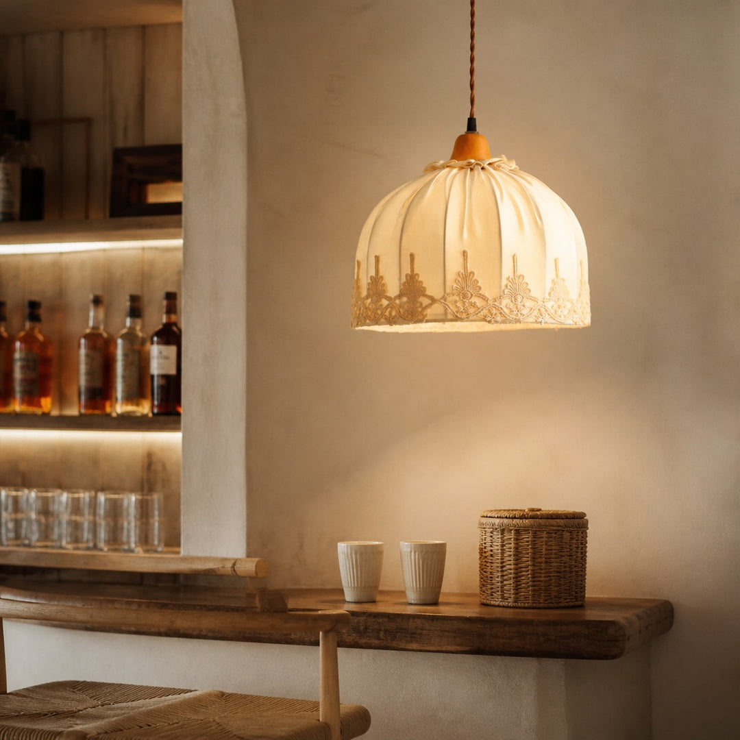 Vintage lace fabric pendant light in a cafe bar setting