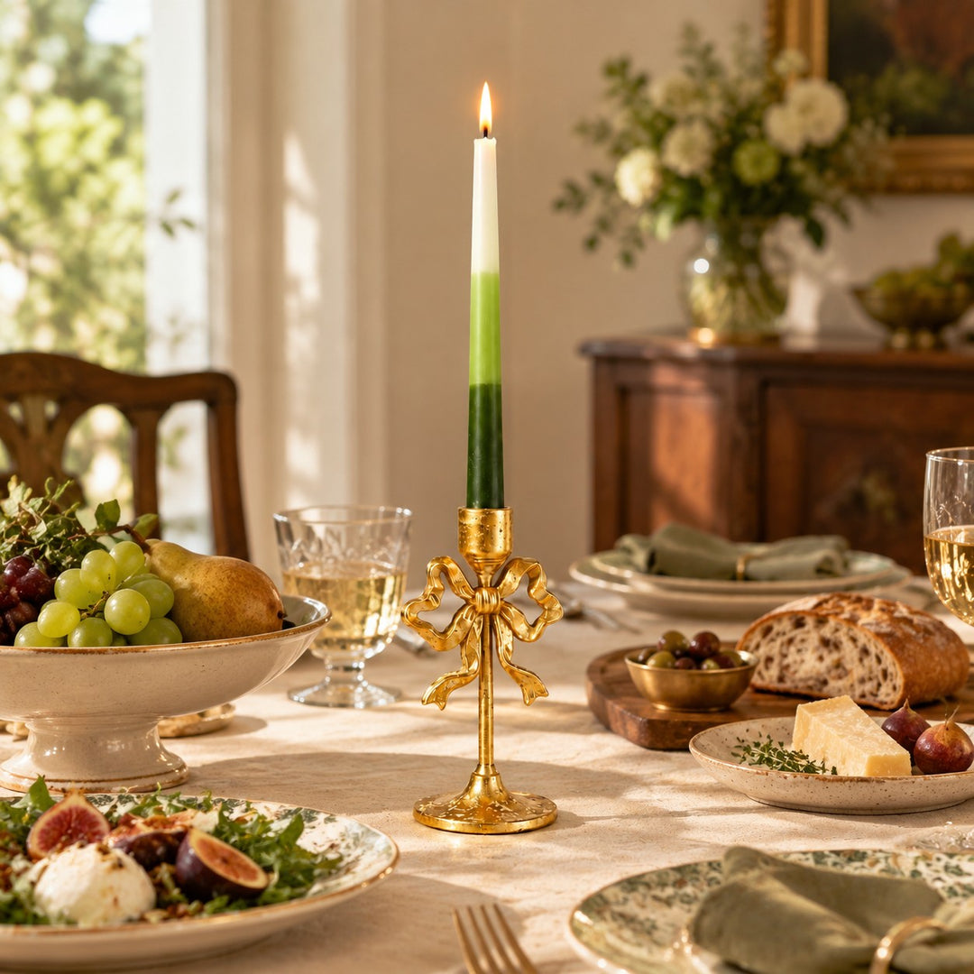 Gold Metal Bow and Milagro Heart Candle Holders