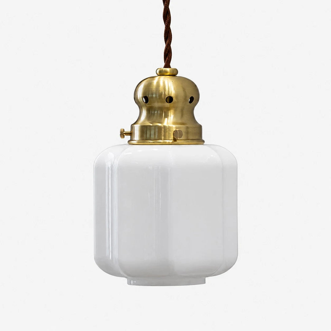 Style 1 vintage brass and white glass pendant lamp on white background