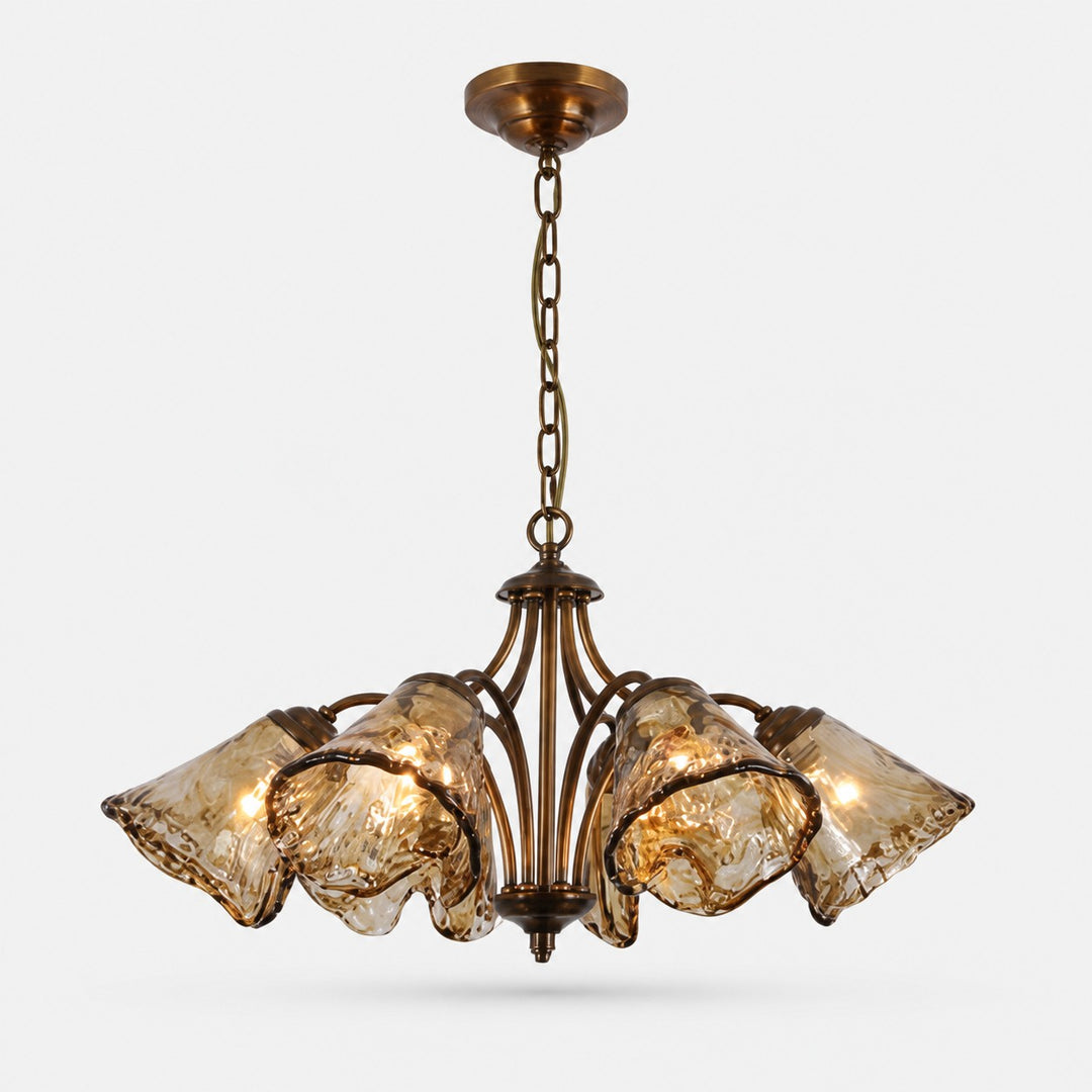 Downward Amber Tulip Glass Brass Chandelier