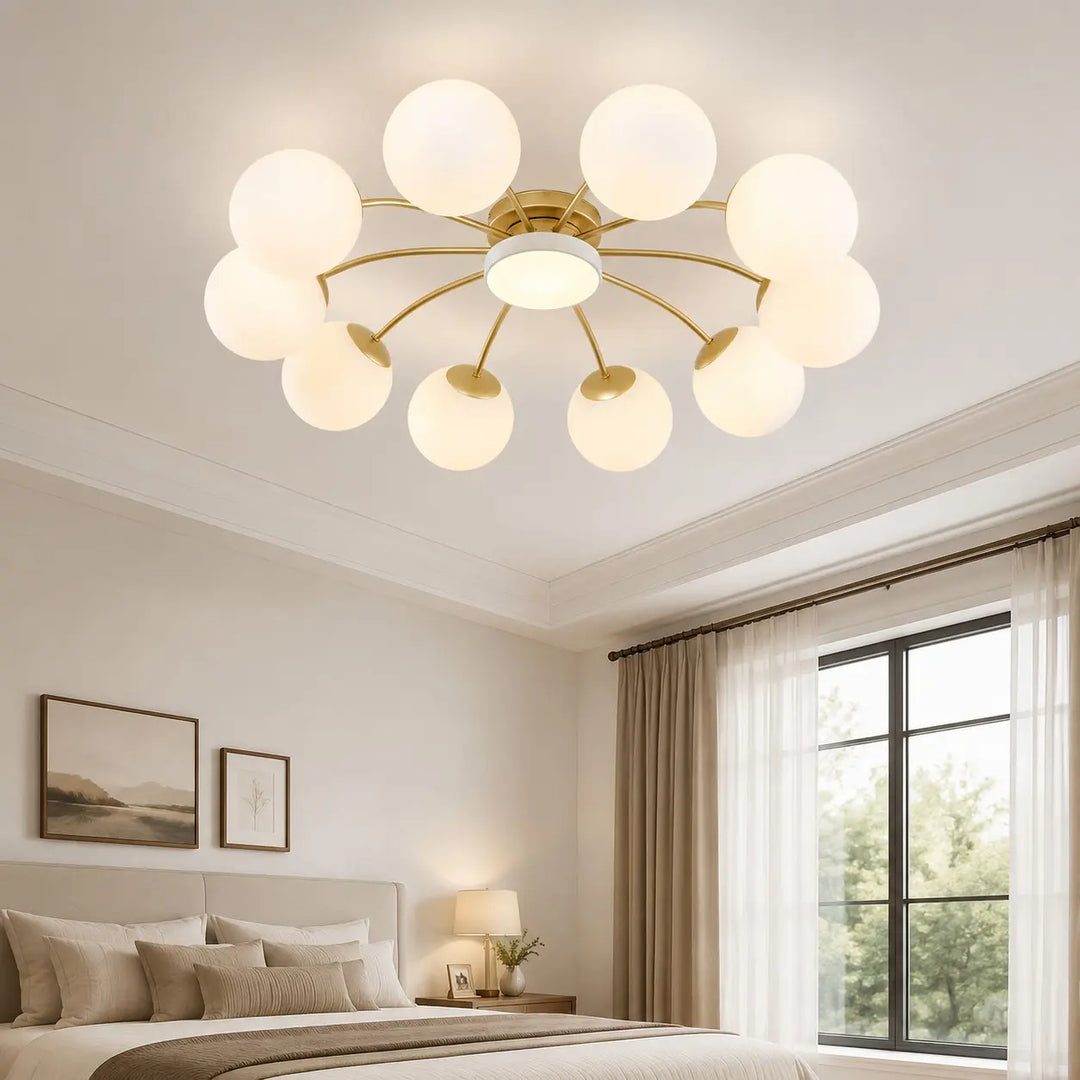 Milk glass ceiling light in a bright bedroom