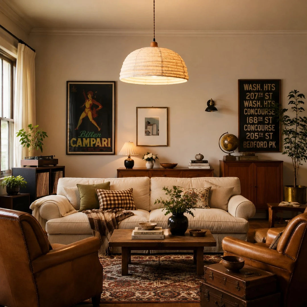 Hemp dome pendant light over a vintage living room seating area